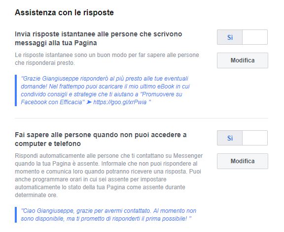 Assistenza risposte Messenger - facebook autoresponder